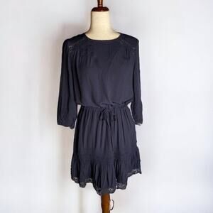 Maje Ronsard Crepe Lace Panel Cotton Shift Mini‎ Dress in Nuit 2 French Peasant